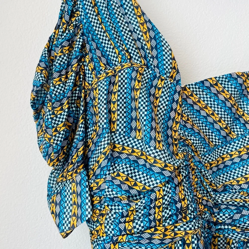 BCBGMAXAZRIA One Shoulder Puff Sleeve Top Cotton Silk Boho Statement XS NWOT - Picture 2 of 10